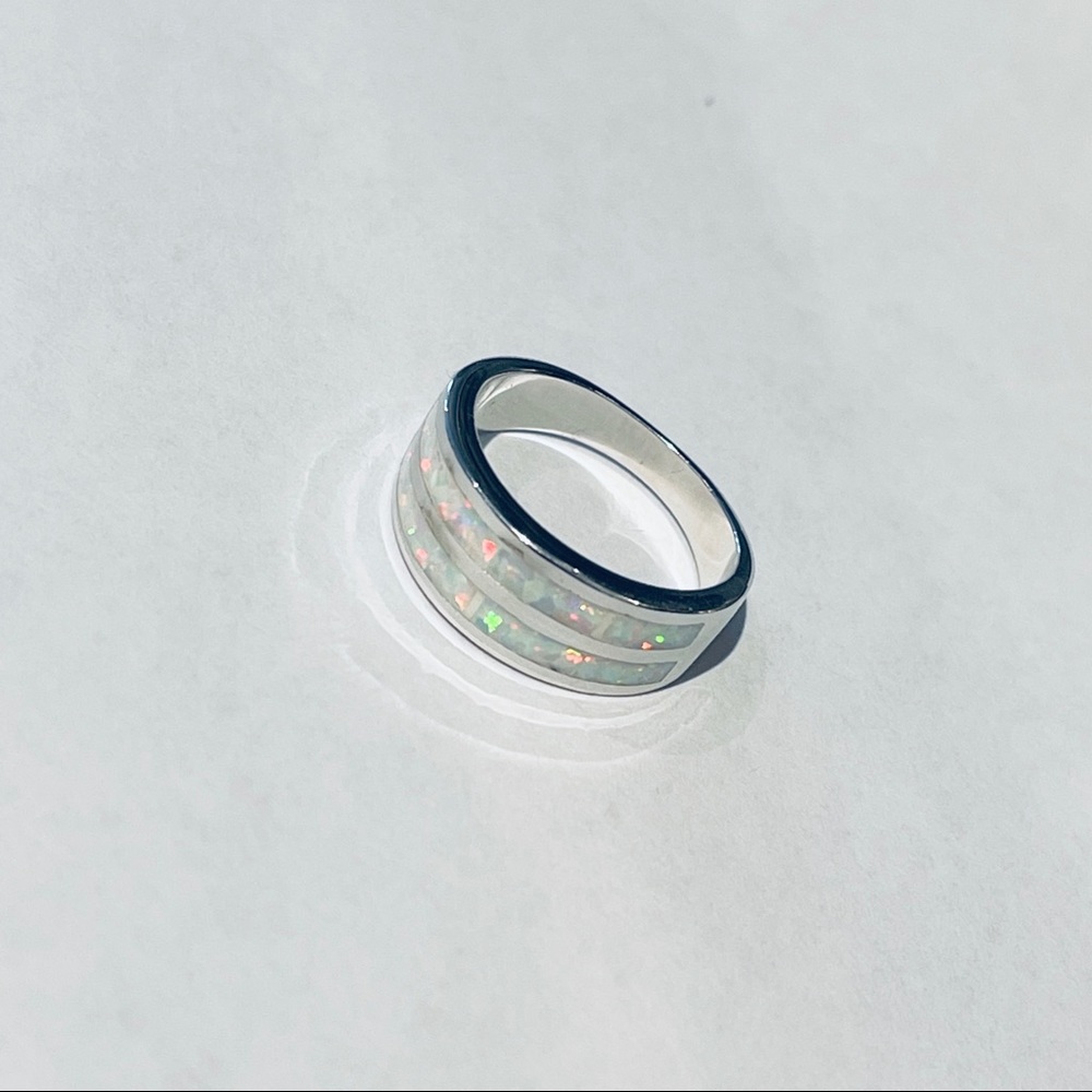 Sterling Silver White Lab Opal Ring, Wedding Band, October Birthstone Rings - Picture 9 of 13